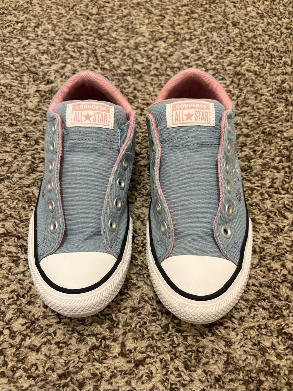 Converse Kids Slip-On Sneakers in Light Blue with Pink Trim